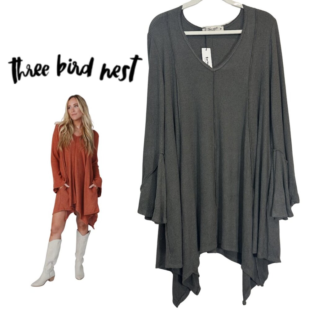 Three Birds Nest Golden Hour Long Bell Sleeve Tunic Dress – Ribbed, Size Medium